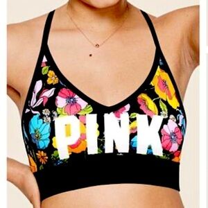 PINK Victoria's Secret Black Floral Logo Sports Bralette with Bright Blooms